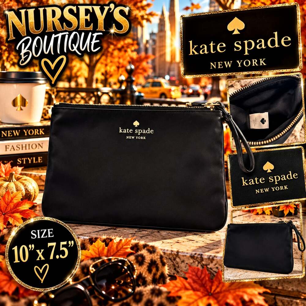 Kate Spade New York Black Nylon Large Zip Wristlet Clutch Pouch Gold Logo